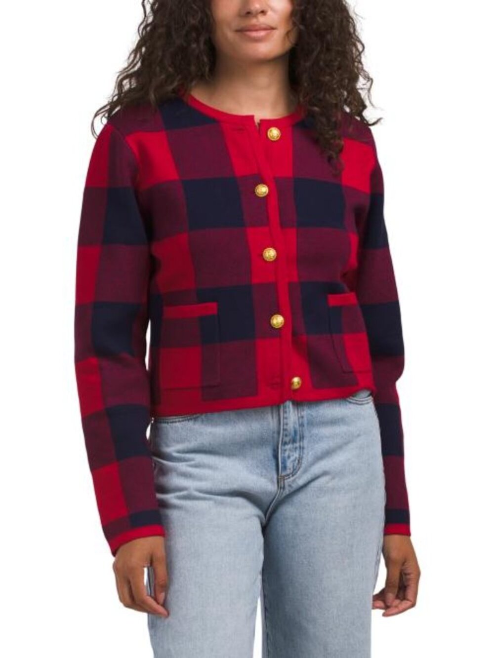 ENGLISH FACTORY Plaid Gold Tone Button Up Cardigan